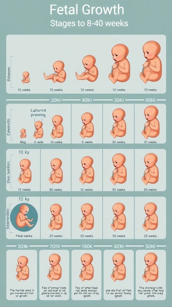 Fetal Growth from 8 to 40 Weeks Illustration of fetal growth stages from 8 to 40 weeks, showing the fetus